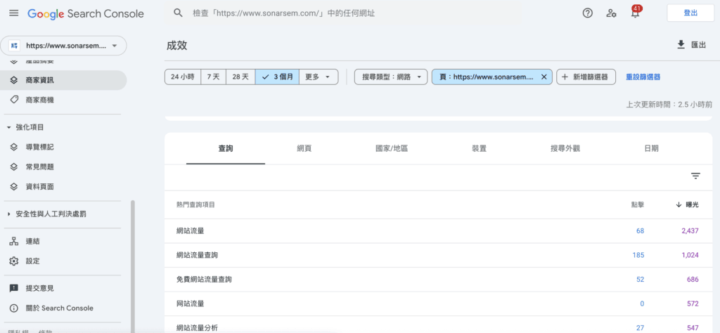 GSC 中學院網站中擁有最多曝光網頁的關鍵字