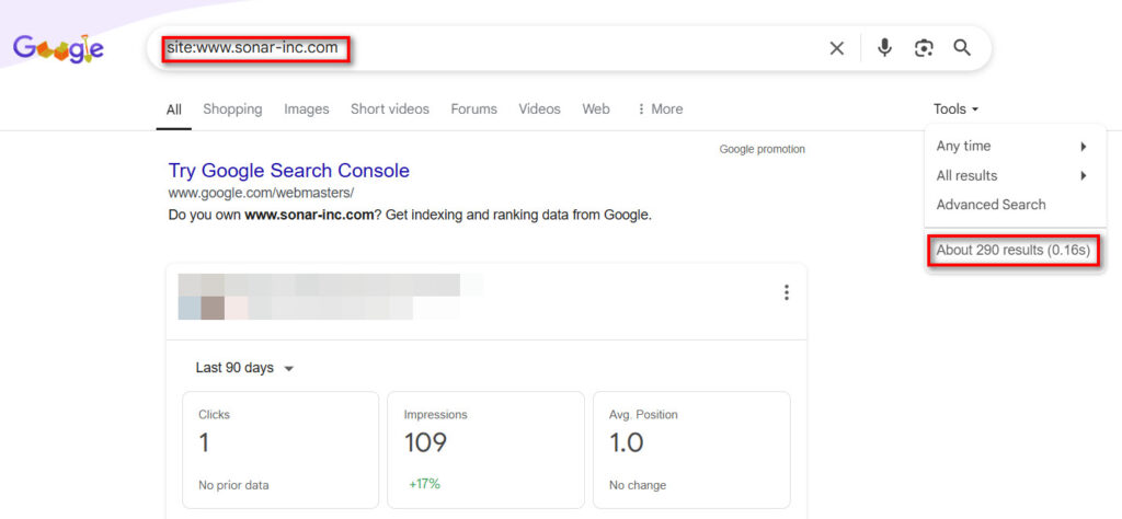 網站索引數量這個指標可以透過在Google 搜尋框查詢「site:網址」 得到