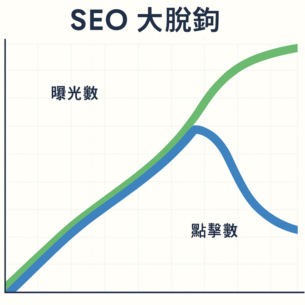 圖一、網站曝光數上升與點擊數下降之間出現明顯分歧